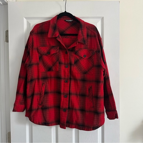 Size XL The BC Clothing Co 100%Cotton Red and Black Plaid Flannel Button Down - Picture 3 of 7